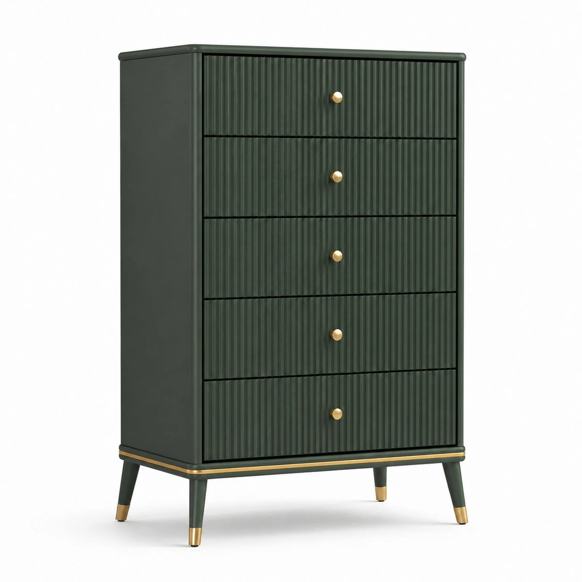 Hohe Kommode 80 × 40 × 120 cm in Dunkelgrün/Gold mit 5 geriffelten Schubladen