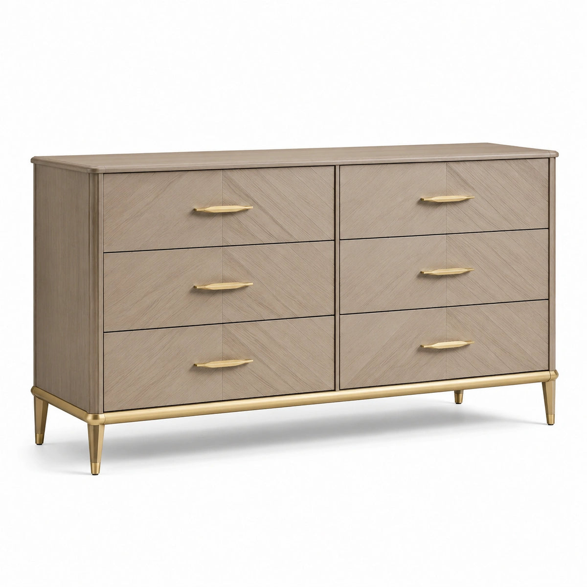 Kommode mit 6 Schubladen, 160 x 45 x 85 cm, helle Eichenoptik mit goldfarbenen Metallgriffen
