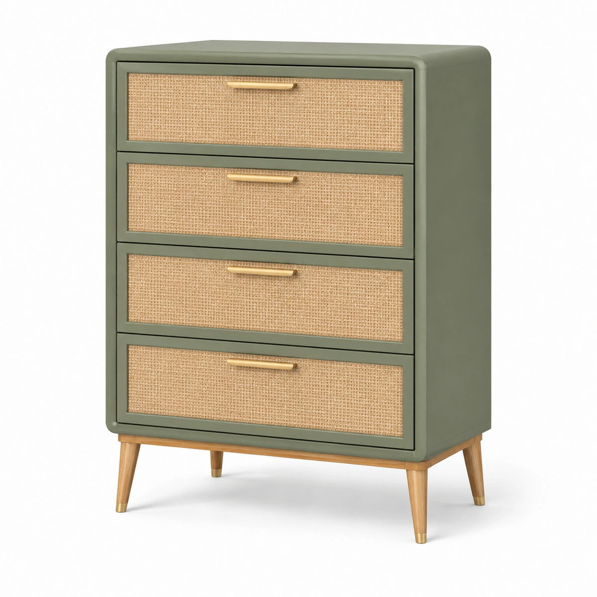 Retro-Kommode 80 × 40 × 110 cm in Grün mit Rattangeflecht und 4 Schubladen