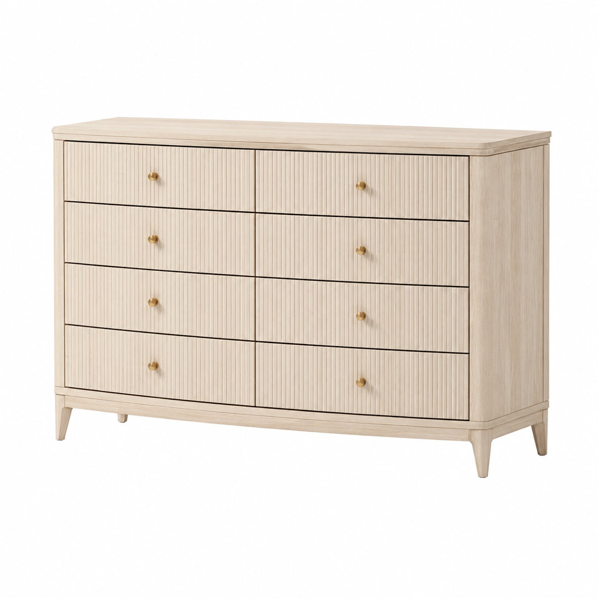 Holzkommode 140 × 45 × 90 cm in Natur/Gold mit 8 geriffelten Schubladen
