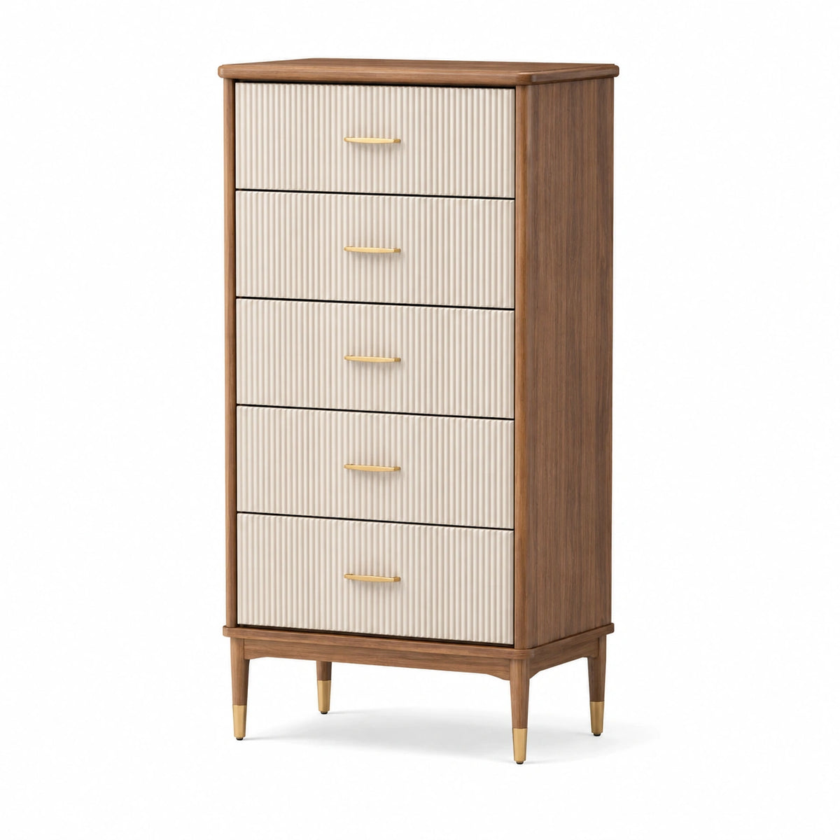 Mid-Century-Kommode mit 5 Schubladen, 80 × 40 × 150 cm, Walnussbraun/Creme/Gold