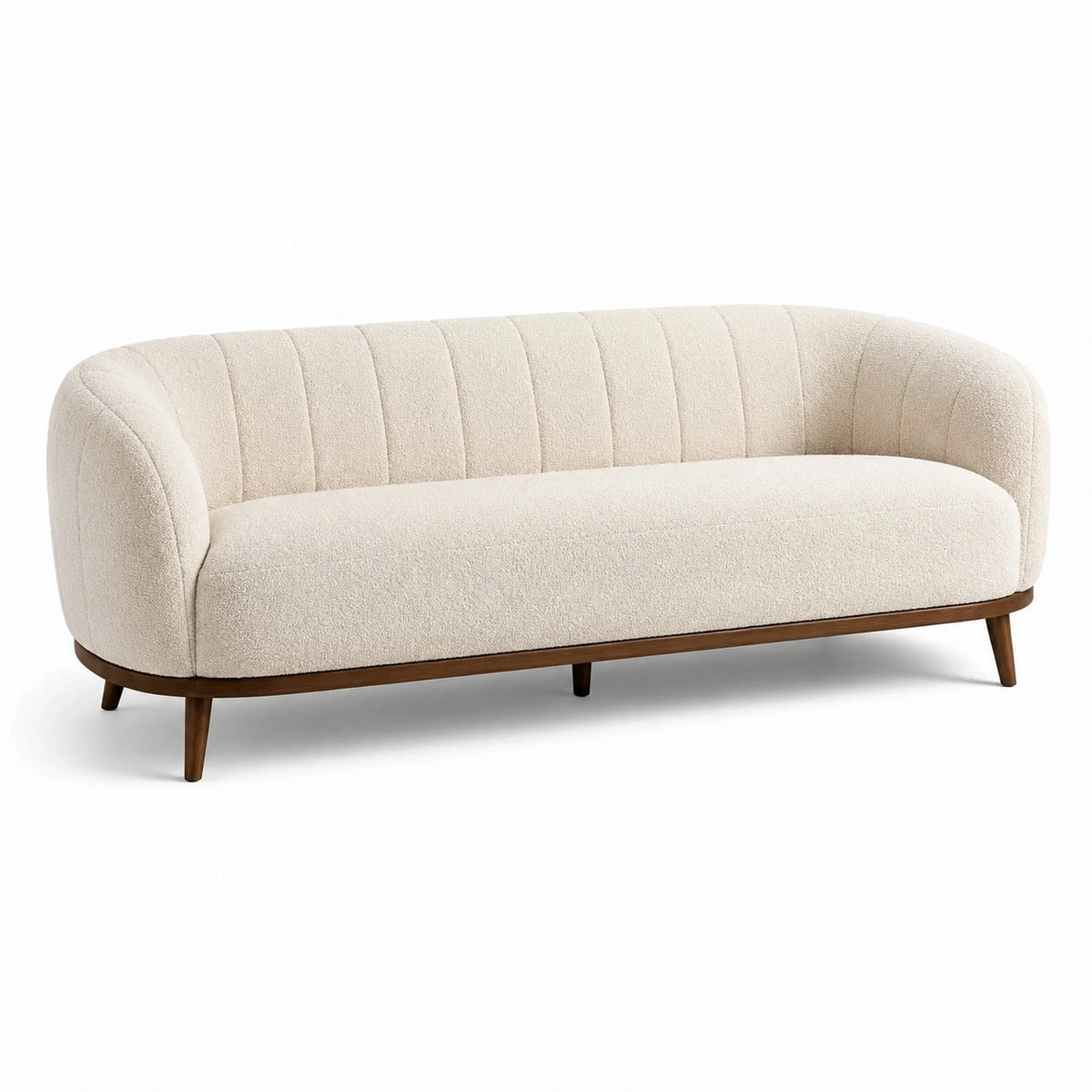 Retro-Sofa 220 × 90 × 78 cm mit Bouclé-Bezug in Creme und Holzgestell in Braun