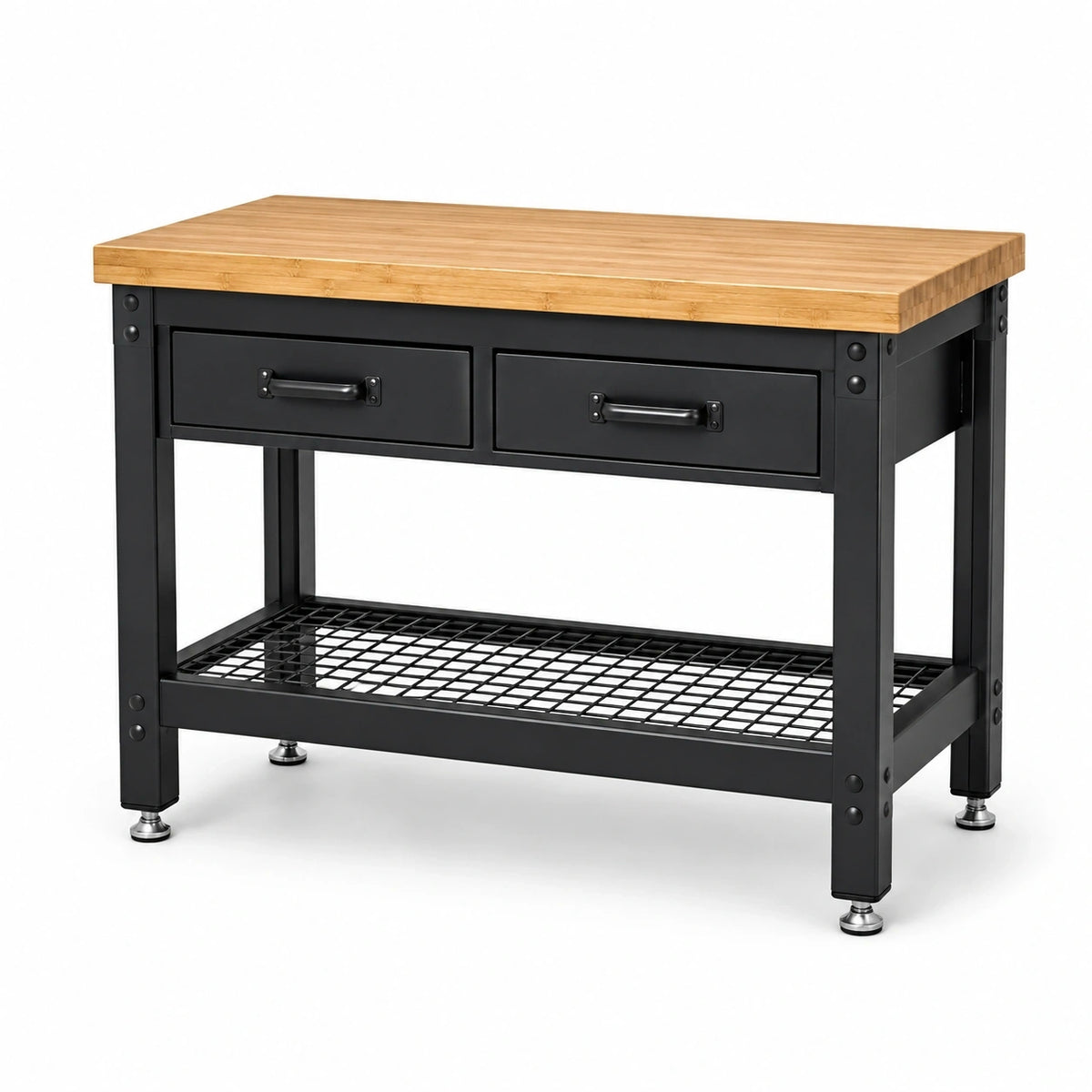Arbeitstisch im Industriestil 120 × 60 × 90 cm aus Bambus und Stahl, Natur/Schwarz, mit 2 Schubladen