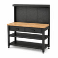 Werkbank 120 × 60 × 150 cm aus Metall und Holz, Schwarz/Natur, mit Lochwand und 2 Schubladen