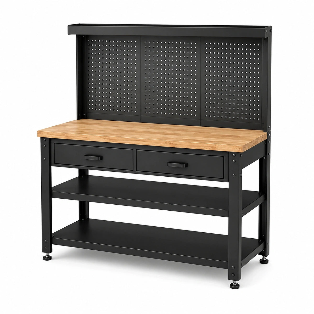 Werkbank 120 × 60 × 150 cm aus Metall und Holz, Schwarz/Natur, mit Lochwand und 2 Schubladen
