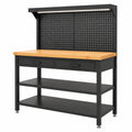 Werkbank aus Metall und Bambus, 120 × 60 × 160 cm, mit Lochwand, LED-Lichtleiste, 2 Schubladen, Schwarz/Natur
