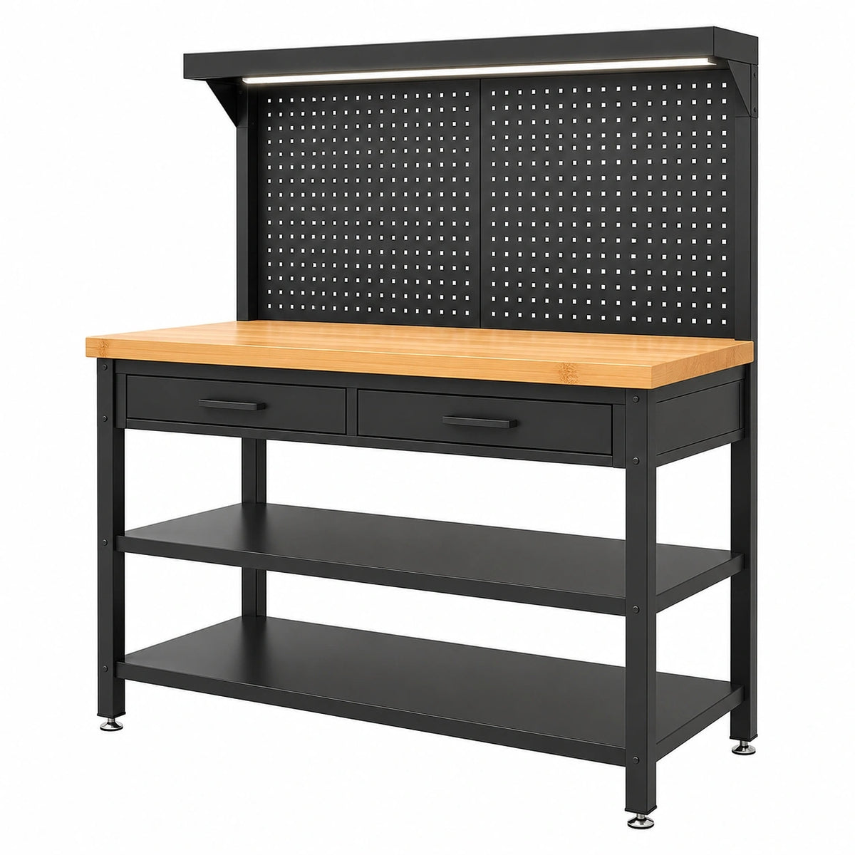 Werkbank aus Metall und Bambus, 120 × 60 × 160 cm, mit Lochwand, LED-Lichtleiste, 2 Schubladen, Schwarz/Natur