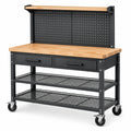 Mobile Werkbank 120 x 60 x 160 cm aus Stahl und Holz, Schwarz/Naturholz, mit Rollen, 2 Schubladen, Gitterablagen und Lochwand