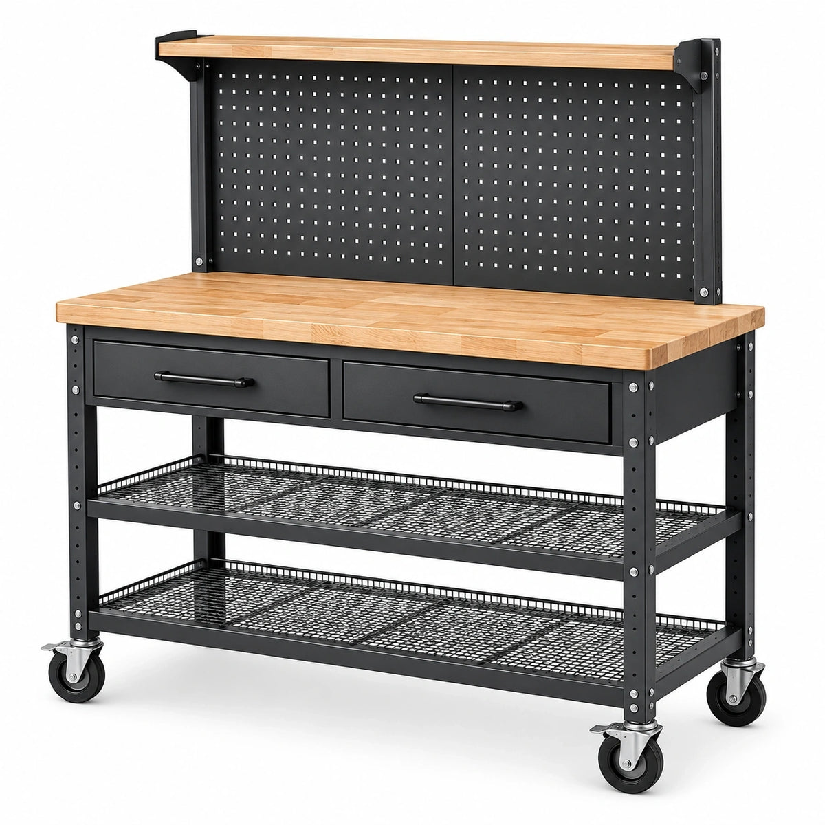 Mobile Werkbank 120 x 60 x 160 cm aus Stahl und Holz, Schwarz/Naturholz, mit Rollen, 2 Schubladen, Gitterablagen und Lochwand