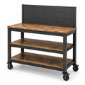 Mobile Werkbank 120 × 60 × 155 cm mit Lochwand, Rollen und 2 Ablagen, Braun/Schwarz