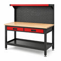 Werkbank 120 × 60 × 150 cm aus Stahl und Holzwerkstoff mit Lochwand, 2 Schubladen und Ablage, Rot/Schwarz/Natur