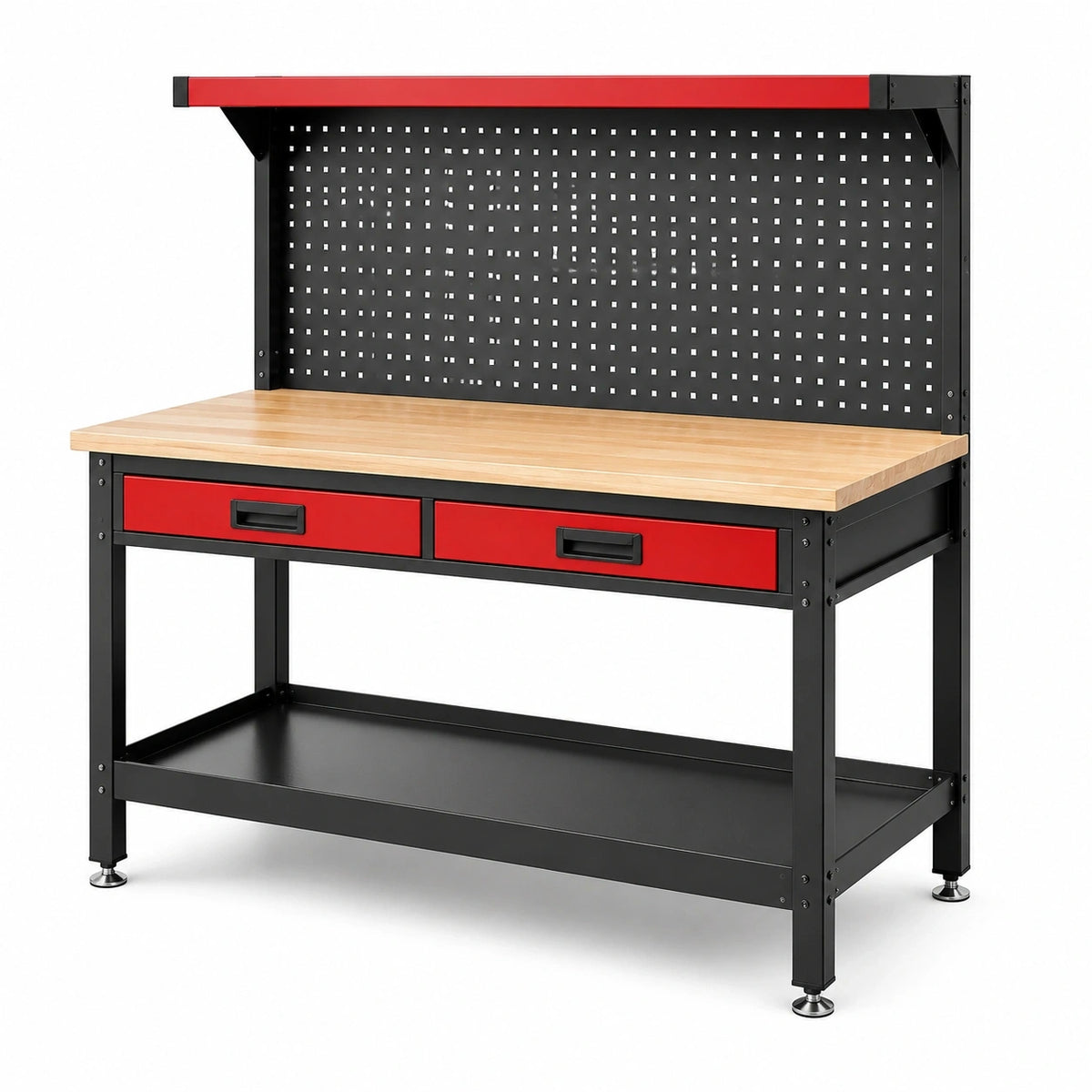 Werkbank 120 × 60 × 150 cm aus Stahl und Holzwerkstoff mit Lochwand, 2 Schubladen und Ablage, Rot/Schwarz/Natur