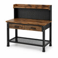Werkbank im Industriestil 120 × 60 × 150 cm Braun/Schwarz mit Lochwand, 2 Schubladen und Gitterablage