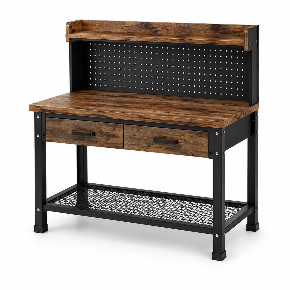 Werkbank im Industriestil 120 × 60 × 150 cm Braun/Schwarz mit Lochwand, 2 Schubladen und Gitterablage