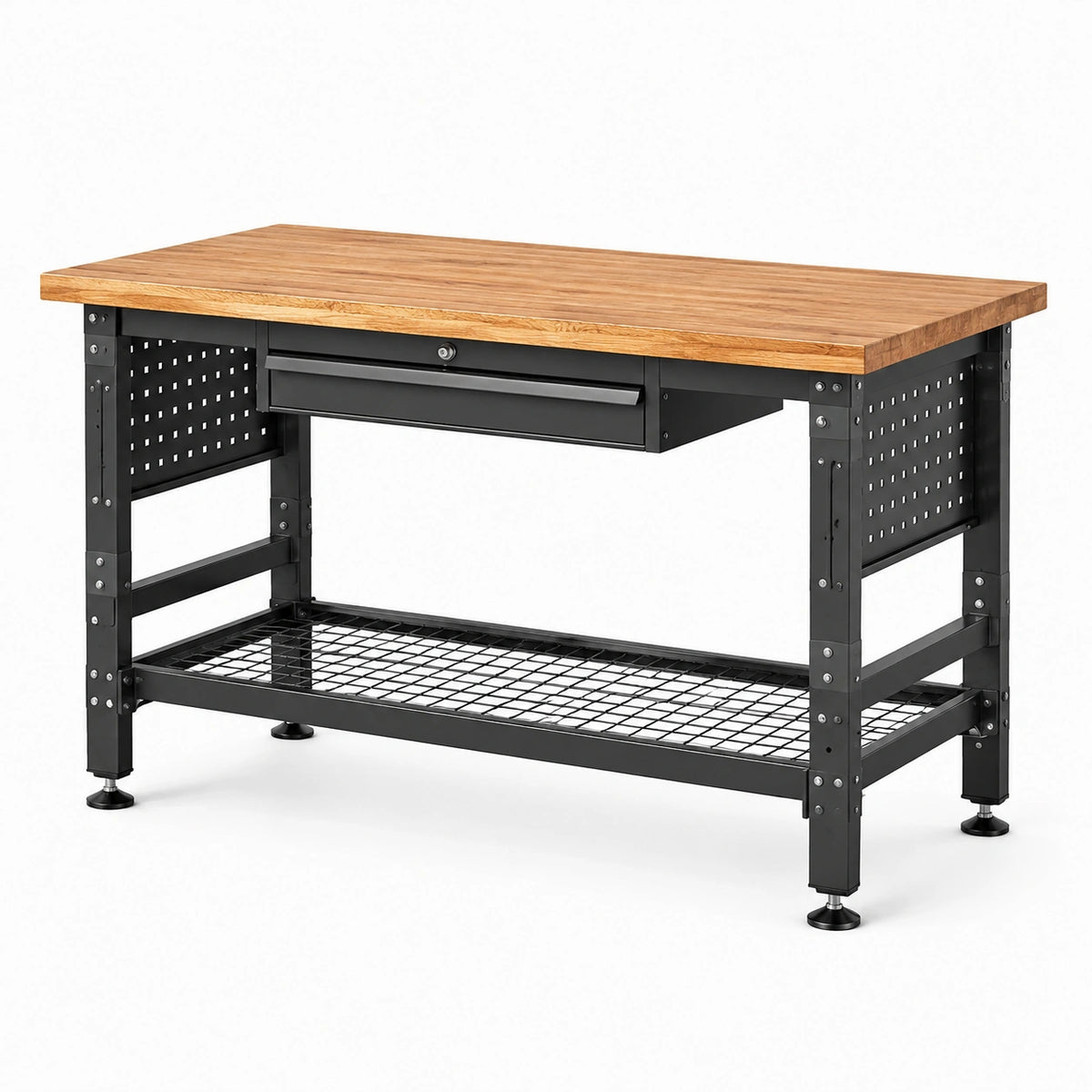 Werkbank 120 × 60 × 85 cm mit Holzarbeitsplatte, abschließbarer Schublade und Gitterablage, Schwarz/Natur