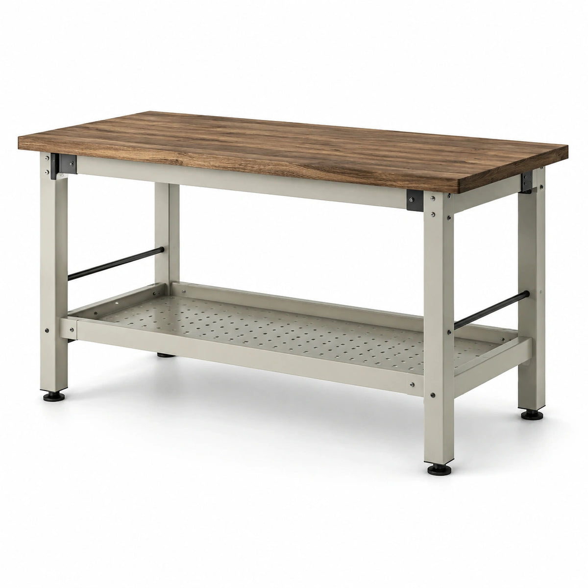 Werkbank im Industriestil 120 × 60 × 90 cm mit Holzplatte, Lochblechablage und Metallgestell in Braun, Grau und Schwarz
