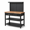 Stahl-Holz-Werkbank 120 × 60 × 180 cm, Schwarz/Natur, mit Lochwand, 2 Schubladen und Ablagen