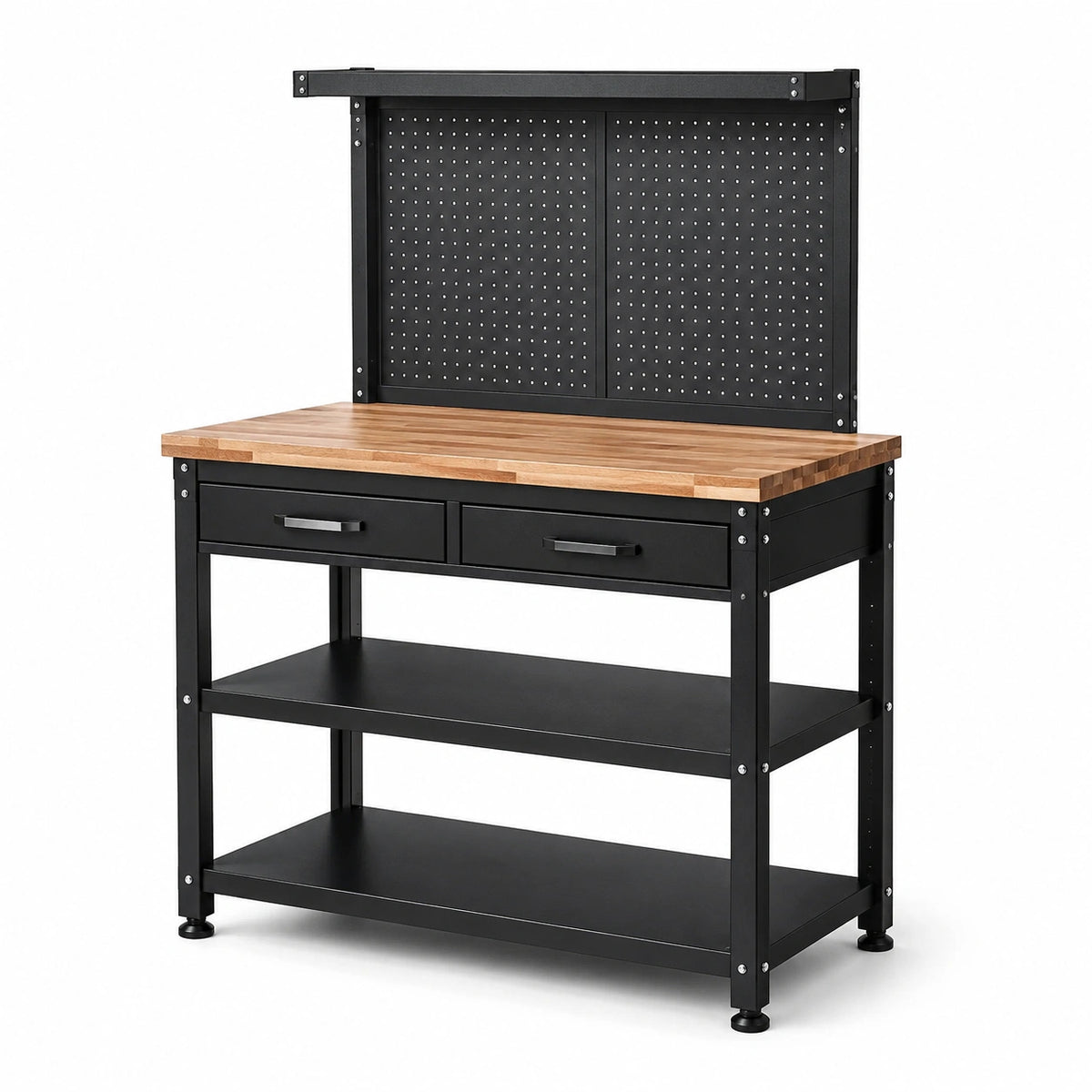 Stahl-Holz-Werkbank 120 × 60 × 180 cm, Schwarz/Natur, mit Lochwand, 2 Schubladen und Ablagen