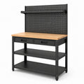 Werkbank 120 x 60 x 150 cm aus Stahl und Holz in Schwarz/Natur mit Lochwand, Ablage und 2 Schubladen