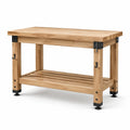 Werkbank aus Holz und Metall, Natur/Schwarz, 140 × 70 × 90 cm, mit Unterablage, Haken und höhenverstellbaren Füßen