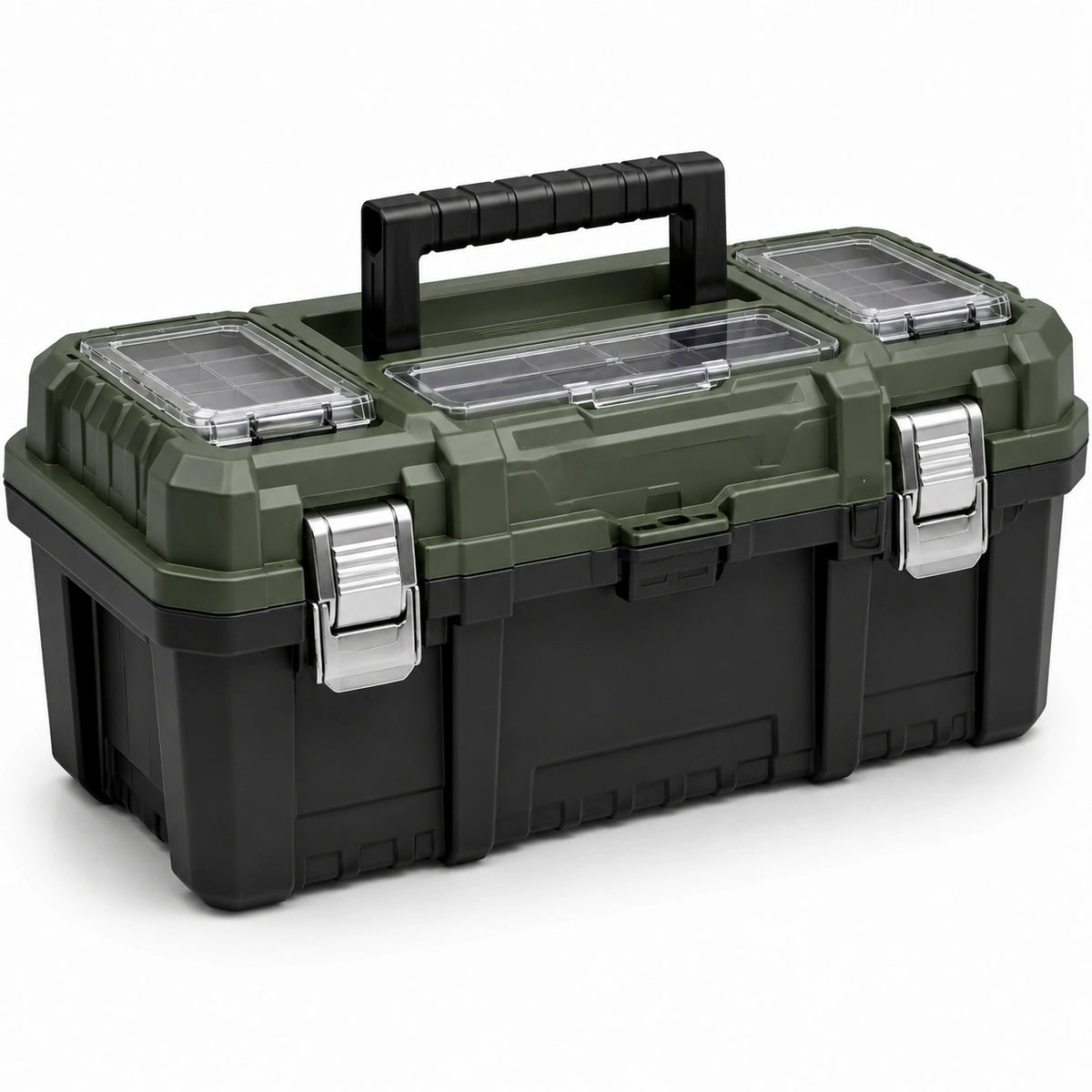 Robuster Werkzeugkoffer 50 × 25 × 25 cm Grün/Schwarz mit Sortierfächern und Tragegriff