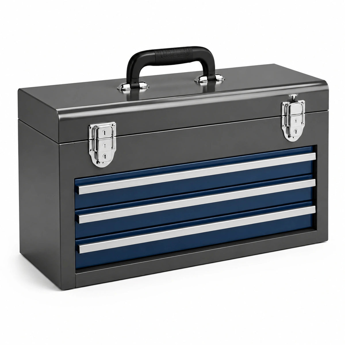 Stahl-Werkzeugkiste mit 3 Schubladen, 52 × 22 × 30 cm, Schwarz/Blau/Silber