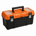 Kunststoff-Werkzeugkoffer 58 × 30 × 29 cm in Orange/Schwarz mit transparenten Organizerfächern und Metallverschlüssen