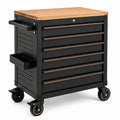 Werkzeugwagen aus Stahl und Holz, Schwarz/Natur, 77 × 46 × 97 cm, mit 7 Schubladen