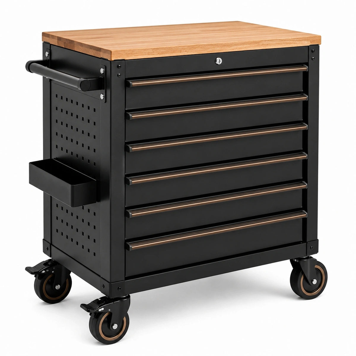 Werkzeugwagen aus Stahl und Holz, Schwarz/Natur, 77 × 46 × 97 cm, mit 7 Schubladen