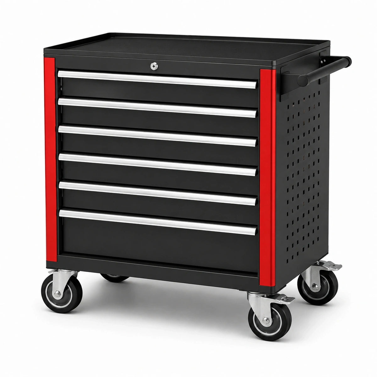 Stahlwagen 77 × 46 × 97 cm mit 6 Schubladen, Rollen und Schloss, Schwarz/Rot/Silber
