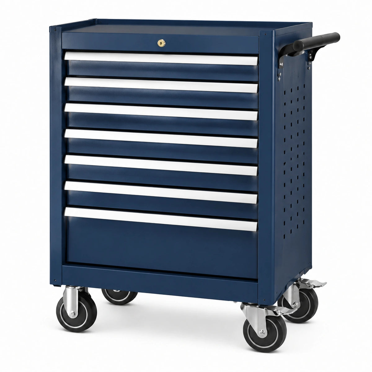 Abschließbarer Werkzeugwagen aus Stahl, 76 × 46 × 97 cm, Dunkelblau, mit 7 Schubladen