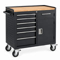 Werkstattwagen 110 × 52 × 95 cm aus Stahl, Schwarz mit Naturholz-Arbeitsplatte, 6 Schubladen und 2 abschließbaren Fächern