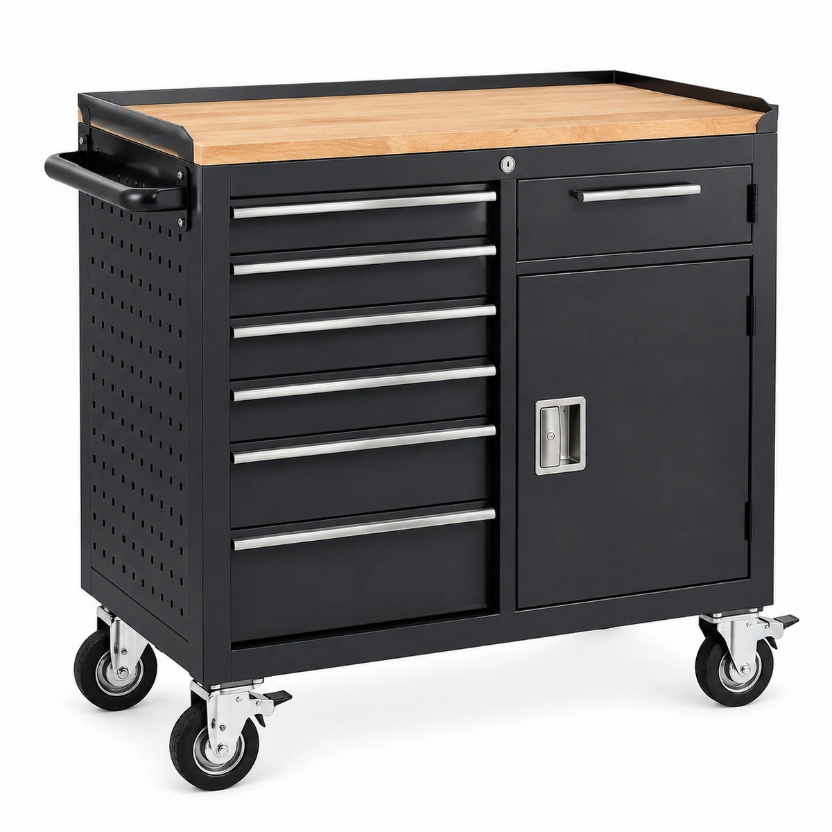 Werkstattwagen 110 × 52 × 95 cm aus Stahl, Schwarz mit Naturholz-Arbeitsplatte, 6 Schubladen und 2 abschließbaren Fächern