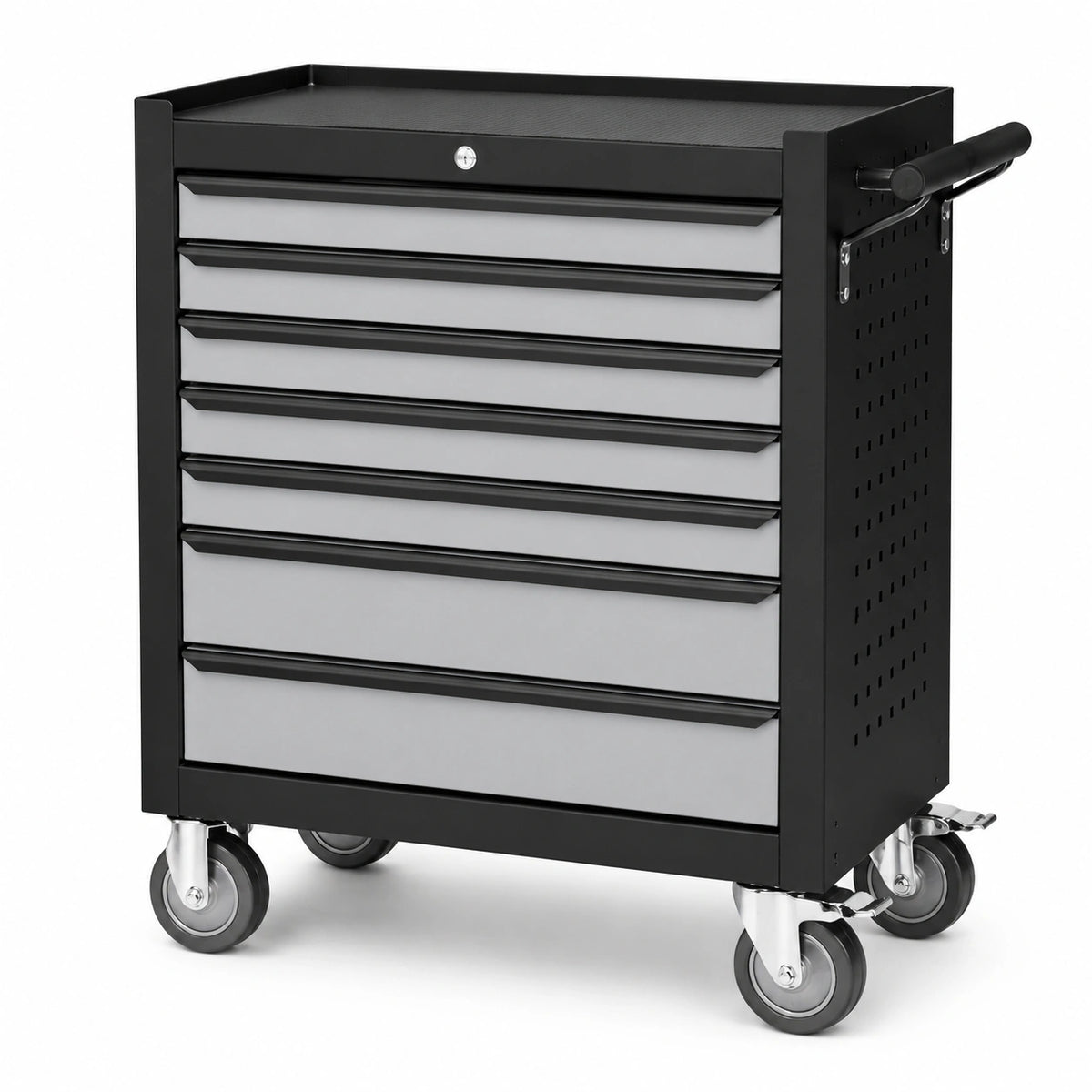 Stahl-Werkzeugwagen Schwarz/Grau, 77 × 46 × 97 cm, mit 7 Schubladen, Rollen und Schiebegriff