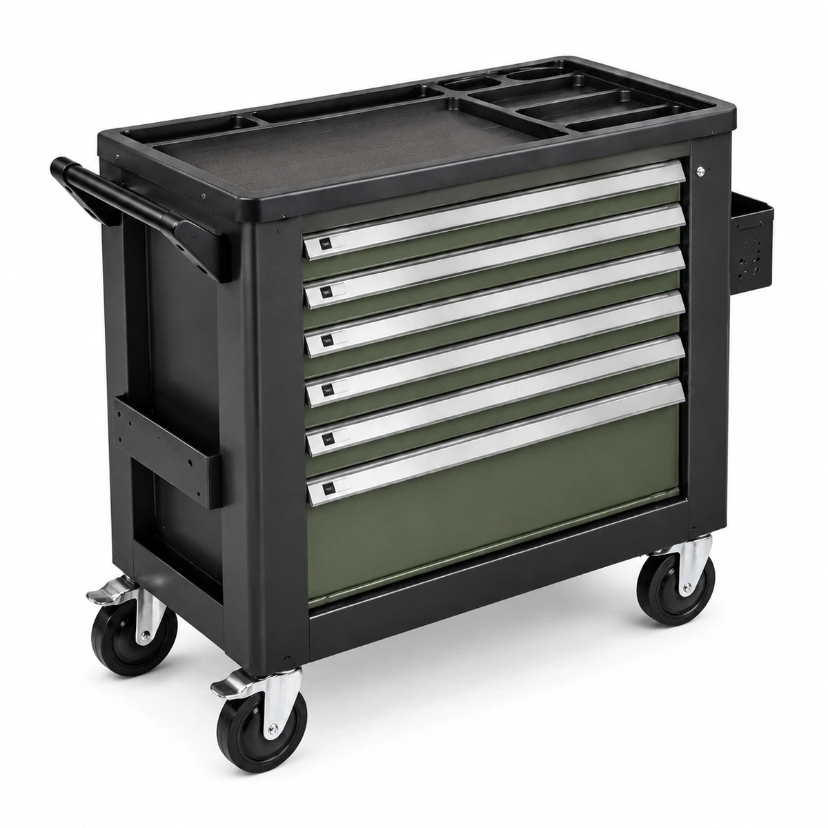 Stahl-Werkzeugwagen mit 7 Schubladen, 76 × 46 × 97 cm, Schwarz/Grün/Silber