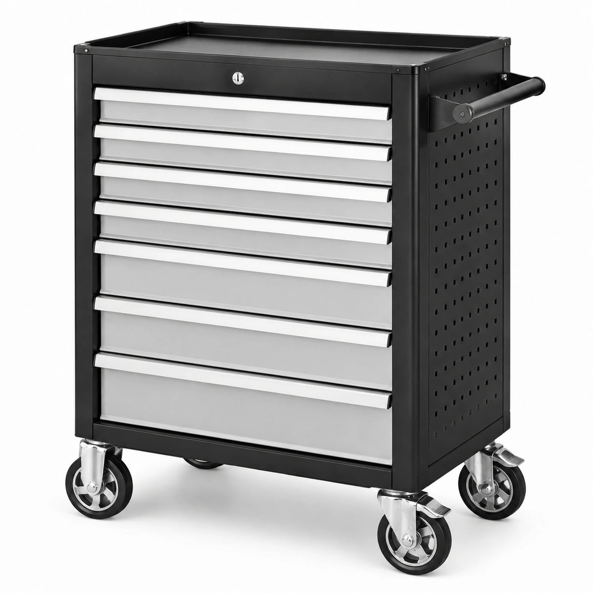 Stahl-Werkzeugwagen 77 × 46 × 97 cm mit 8 Schubladen, Rollen und Griff, Schwarz/Silber