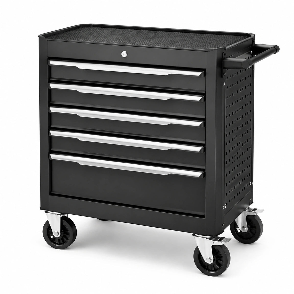 Werkzeugwagen 77 × 46 × 98 cm aus Stahl mit 6 Schubladen, Rollen und Schloss, Schwarz/Silber