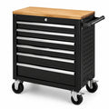 Abschließbarer Stahlwagen mit 8 Schubladen und Naturholz-Arbeitsplatte, 77 × 46 × 95 cm, Schwarz