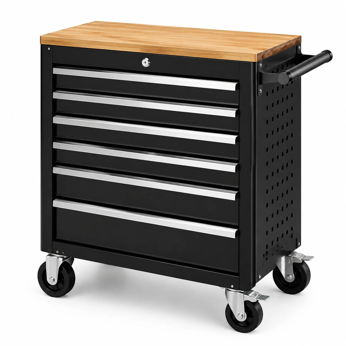 Abschließbarer Stahlwagen mit 8 Schubladen und Naturholz-Arbeitsplatte, 77 × 46 × 95 cm, Schwarz