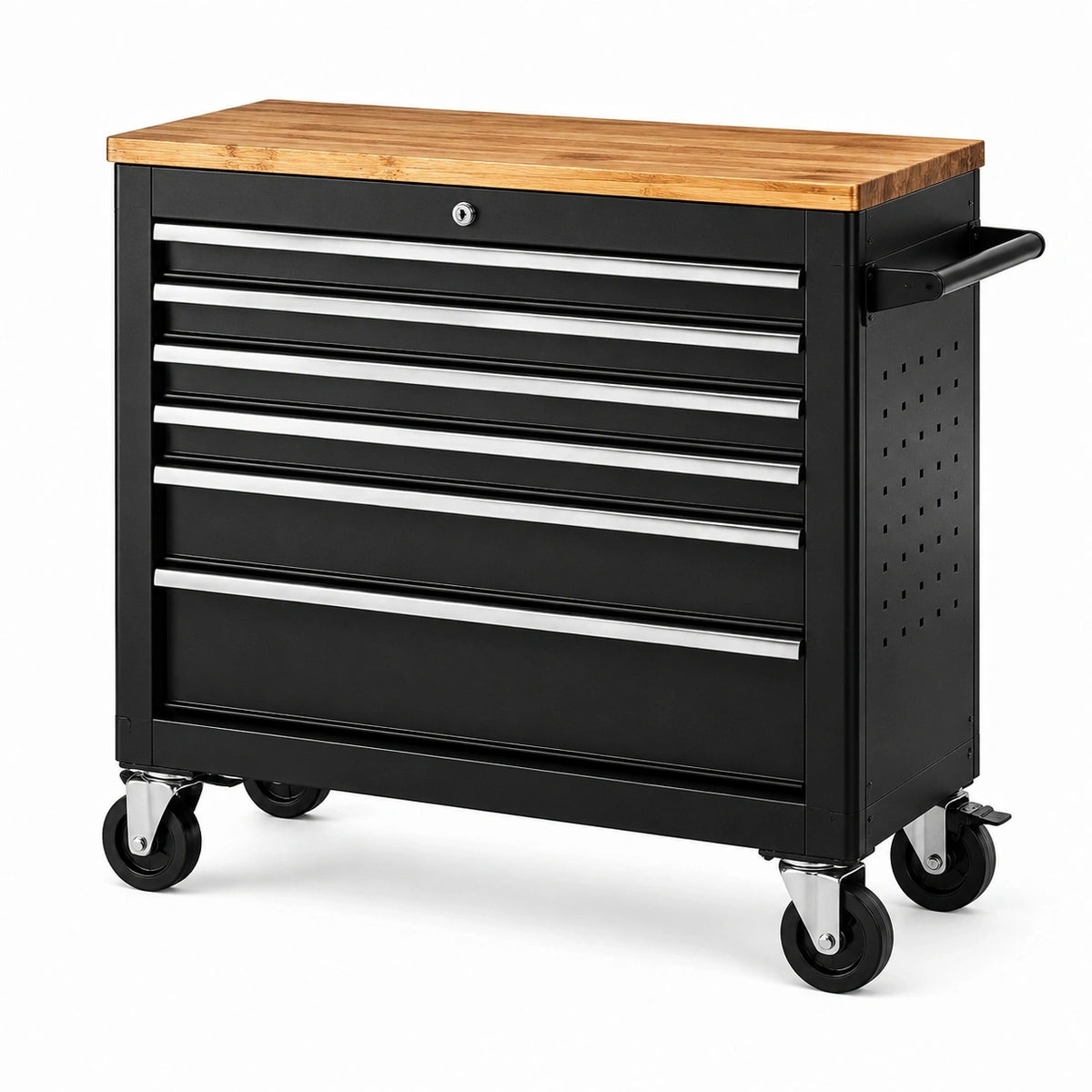 Abschließbarer Werkzeugwagen aus schwarzem Stahl mit Naturholz-Arbeitsplatte, 7 Schubladen, 100 × 50 × 95 cm