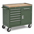 Grüner Werkstattwagen 100 × 50 × 95 cm aus Stahl mit Holzarbeitsplatte, 7 Schubladen und Rollen