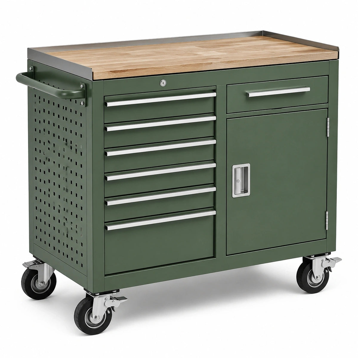 Grüner Werkstattwagen 100 × 50 × 95 cm aus Stahl mit Holzarbeitsplatte, 7 Schubladen und Rollen